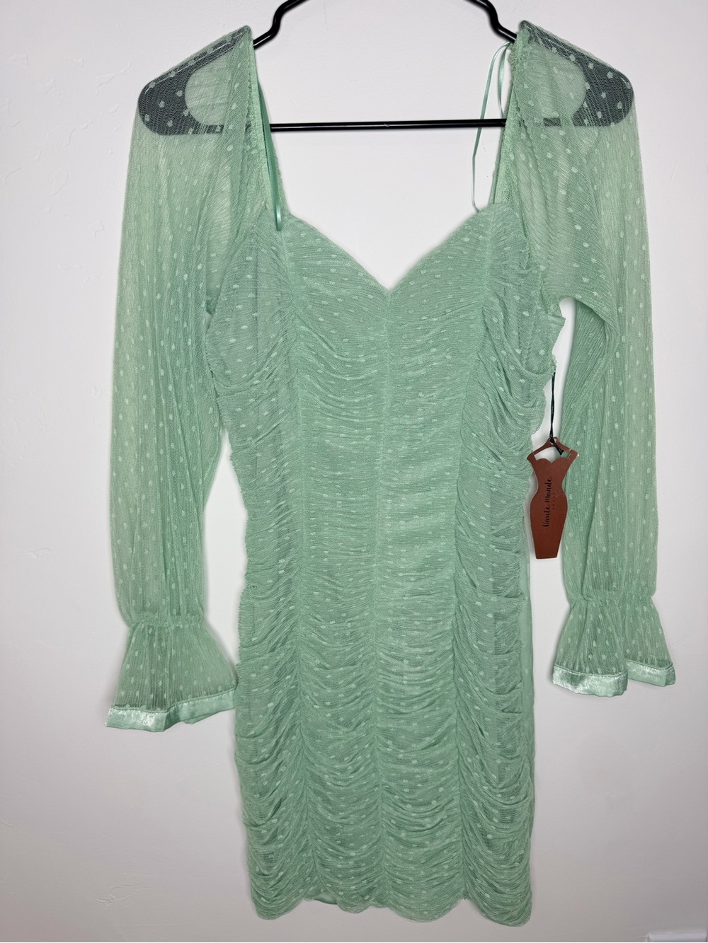 Haute Monde Mint Green Ruched Swiss Dot Long-Sleeve Dress mesh polka dot S NWT